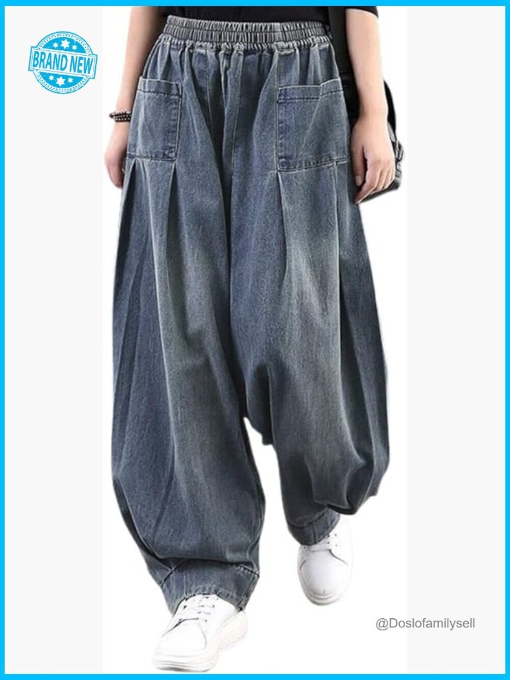 Denim Harem Pants Elastic Waist Pleated Wide Leg Baggy Jeans Boho Chic